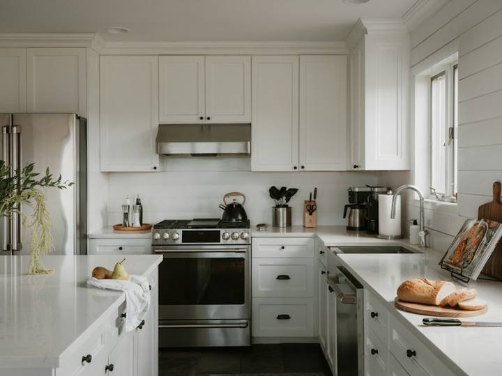 Clean white kitchen with sparkling worktops